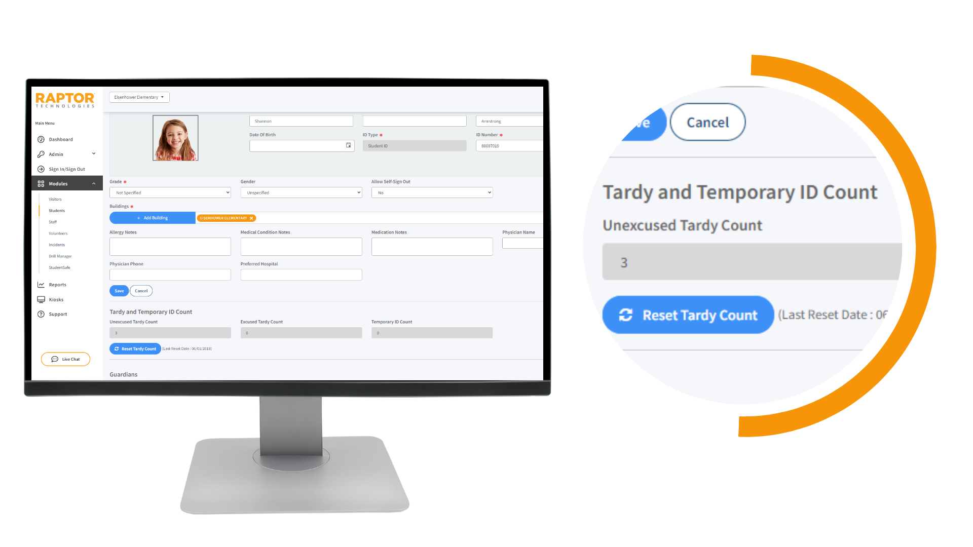 Raptor Visitor Management Software - With the student module, track both tardies and early dismissals, and know that you are releasing students to only approved guardians. Sync with your student information system for student, staff, and guardian data.