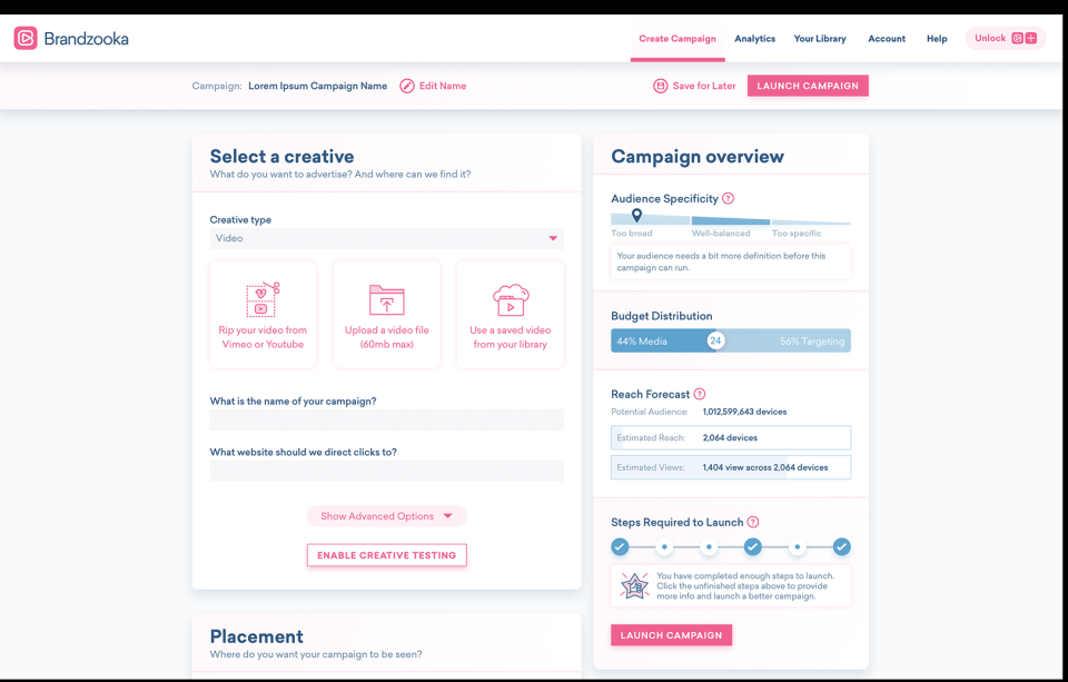 Brandzooka screenshot: Brandzooka creating campaigns