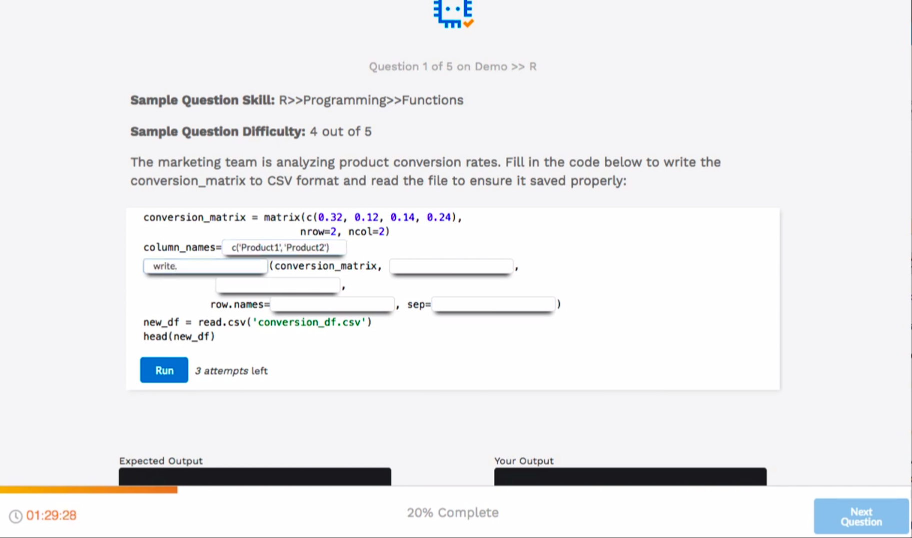 QuantHub screenshot: QuantHub sample question skill