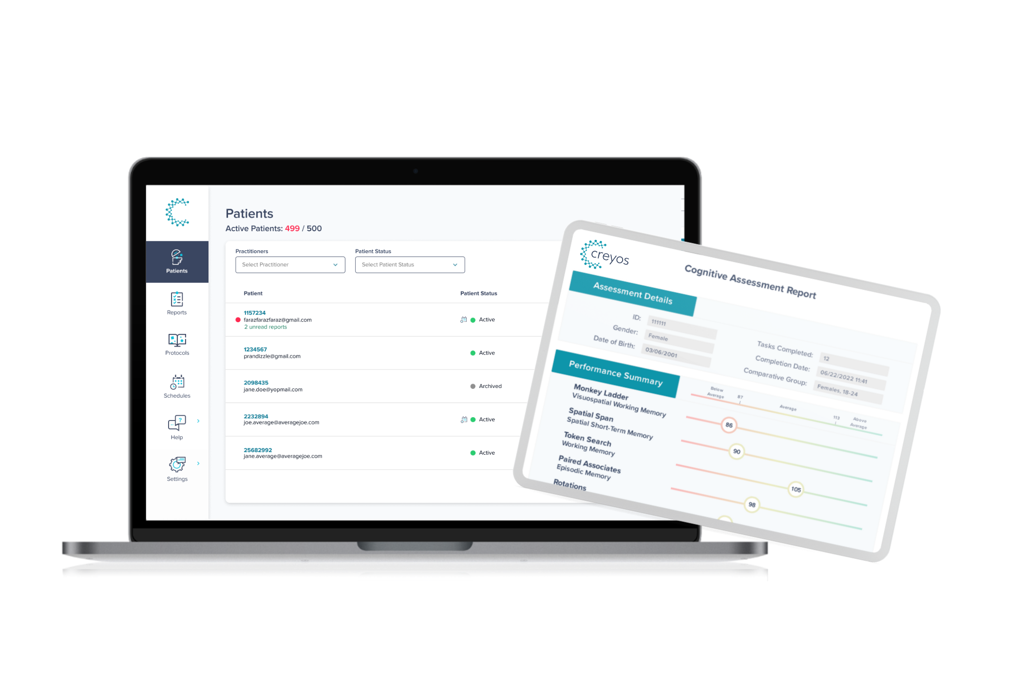 Creyos Health screenshot: Creyos Health portal and cognitive report