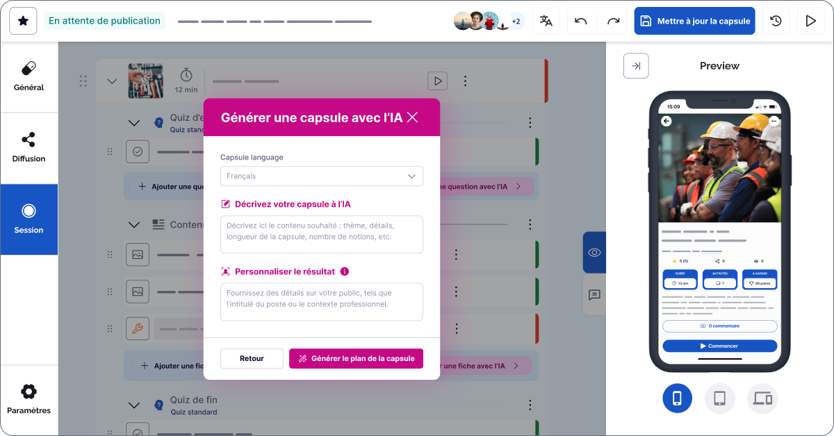 Beedeez screenshot: Create with no limits

Lack of inspiration? With our generative AI, save time by generating complete capsule structures, images, text content and much more. 