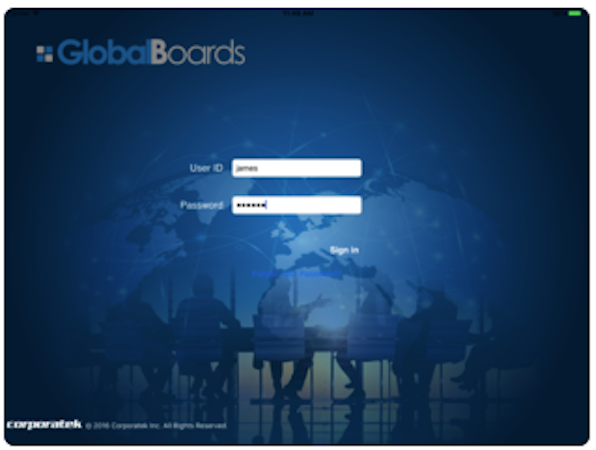 GlobalBoards screenshot: Sign in securely with user ID and password