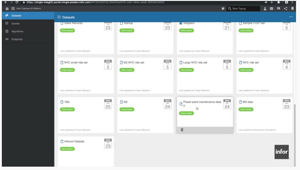 Infor Coleman screenshot: Infor Coleman datasets