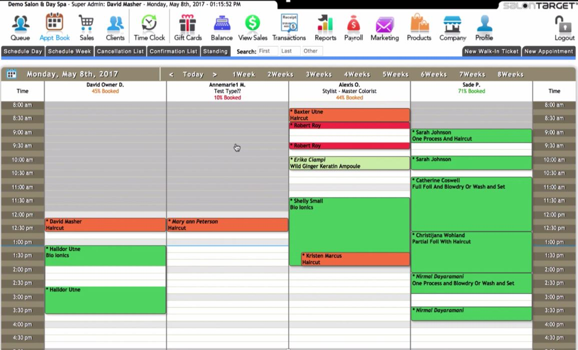 SalonTarget screenshot: SalonTarget's three way booking chart