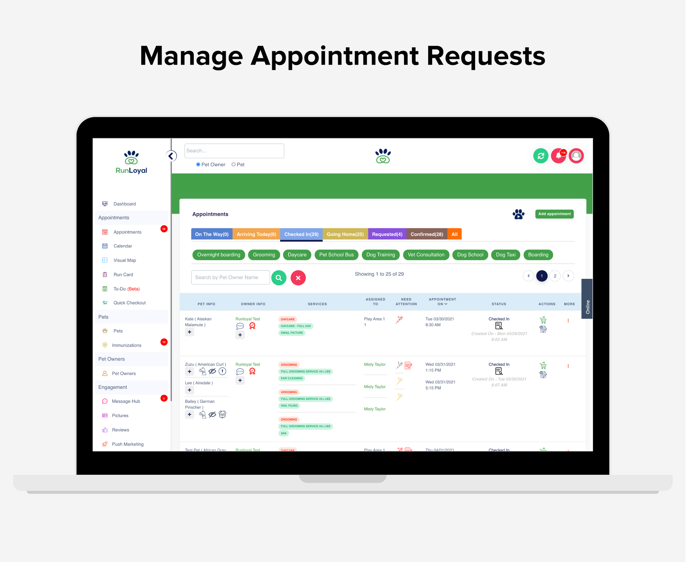 Manage appointment requests, make edits to appointments, check customers in, send immunization/medication reminders, check-out and much more.