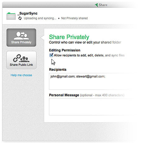 SugarSync private sharing