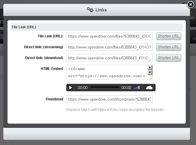 OpenDrive screenshot: OpenDrive link sharing