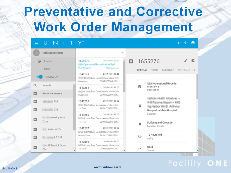 FacilityONE Software - FacilityONE UNITY provides access to features for preventative and corrective work order management