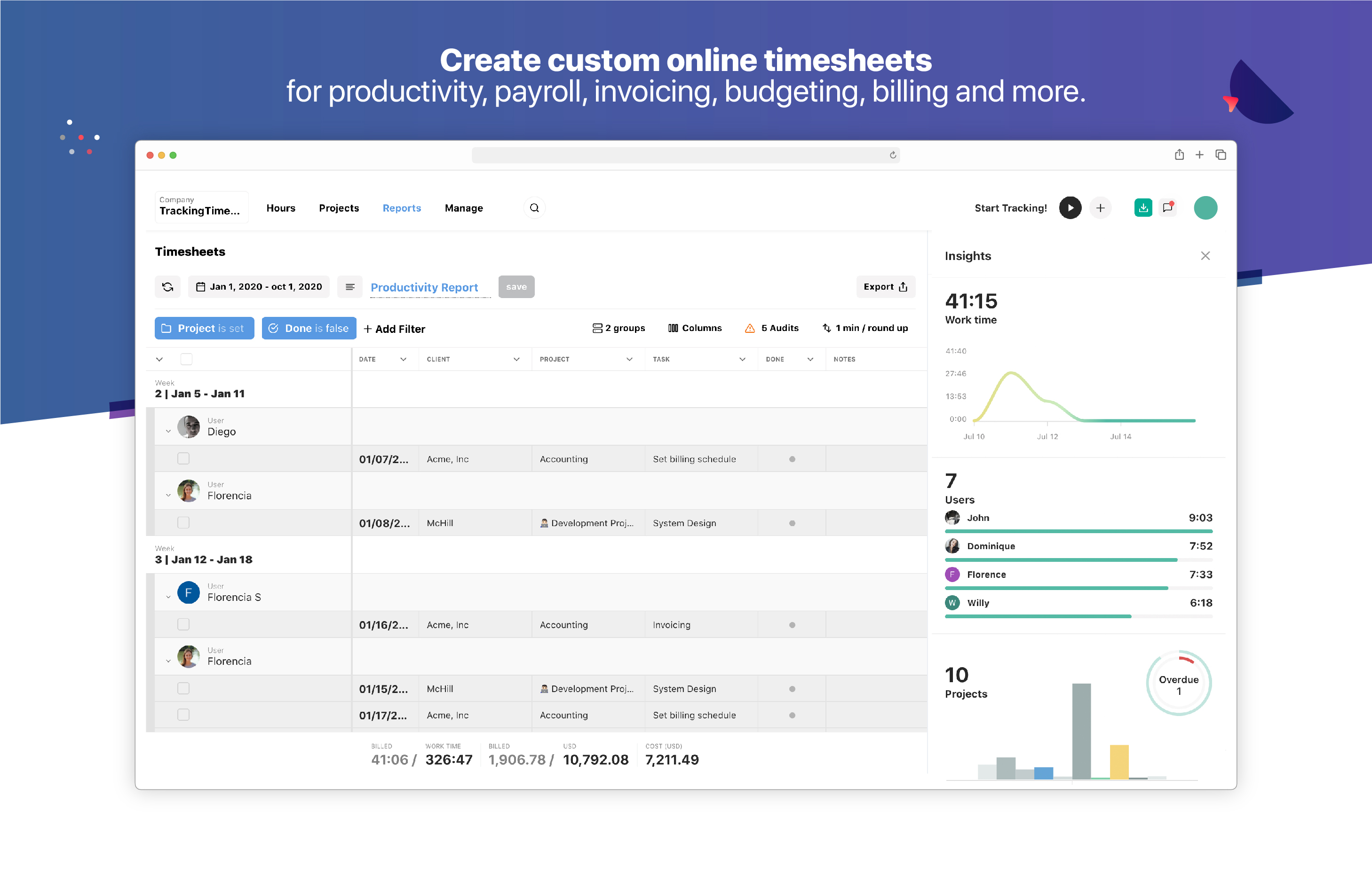 Create custom online timesheets for productivity, payroll, invoicing, budgeting, billing and more.