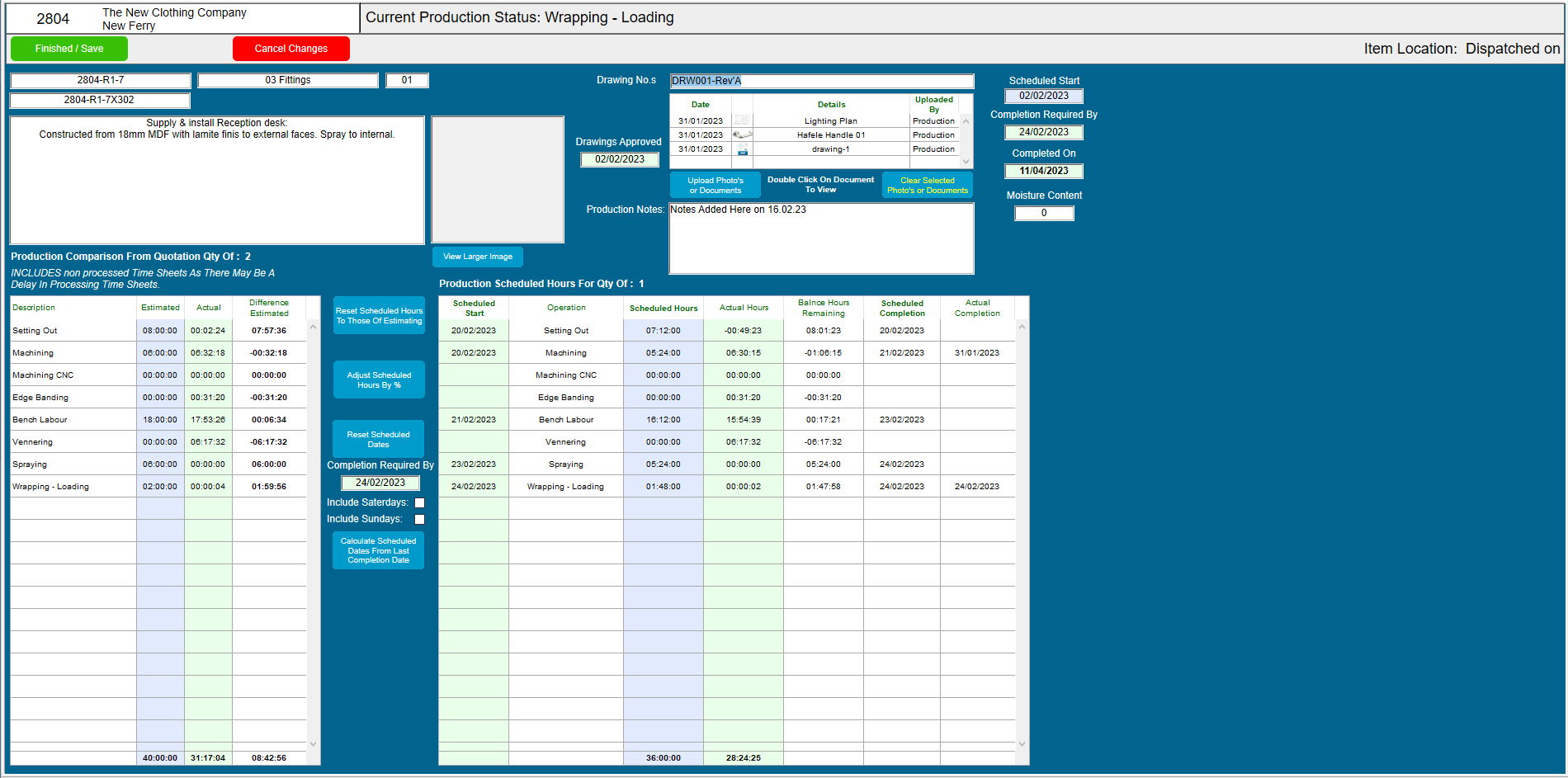Contract Controller Software - Contracts are easily aware of estimated hours, but have the facility to amend the scheduled hours through production without affecting the quotation