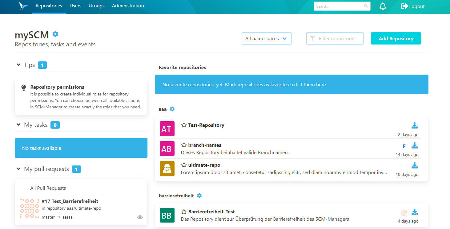 SCM-Manager screenshot: On the mySCM page the user can get an overview of repositories, tasks, events or the latest activities.