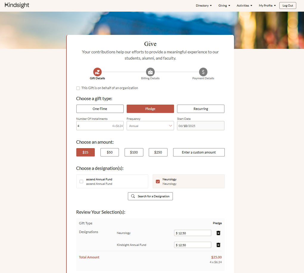 Ascend Software - A giving page from Ascend's Connect constituent portal solution