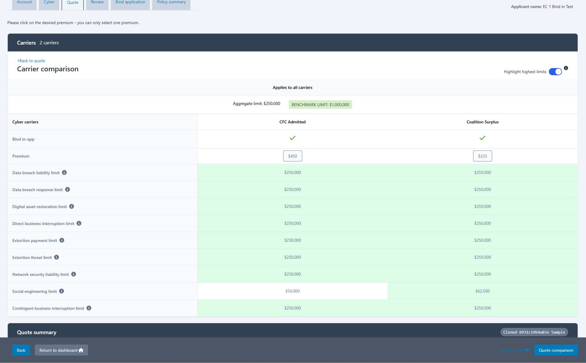 Cyber Quoting screenshot: Cyber Quoting comparisons