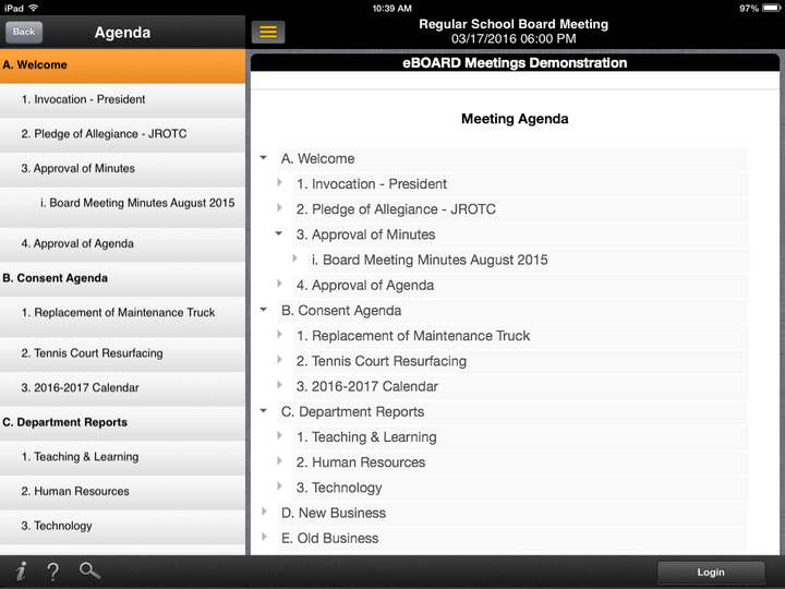 Meeting agenda menu