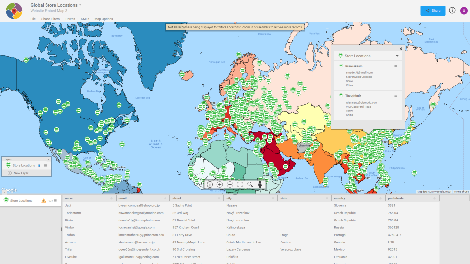 Mapsimise screenshot: Mapsimise global store locations