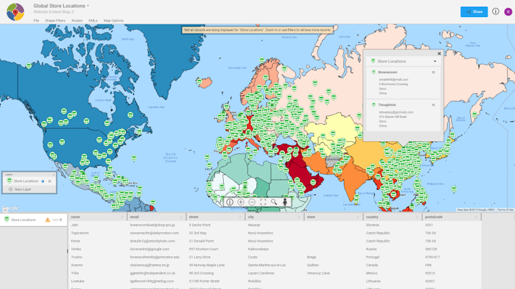 Mapsimise screenshot: Mapsimise global store locations