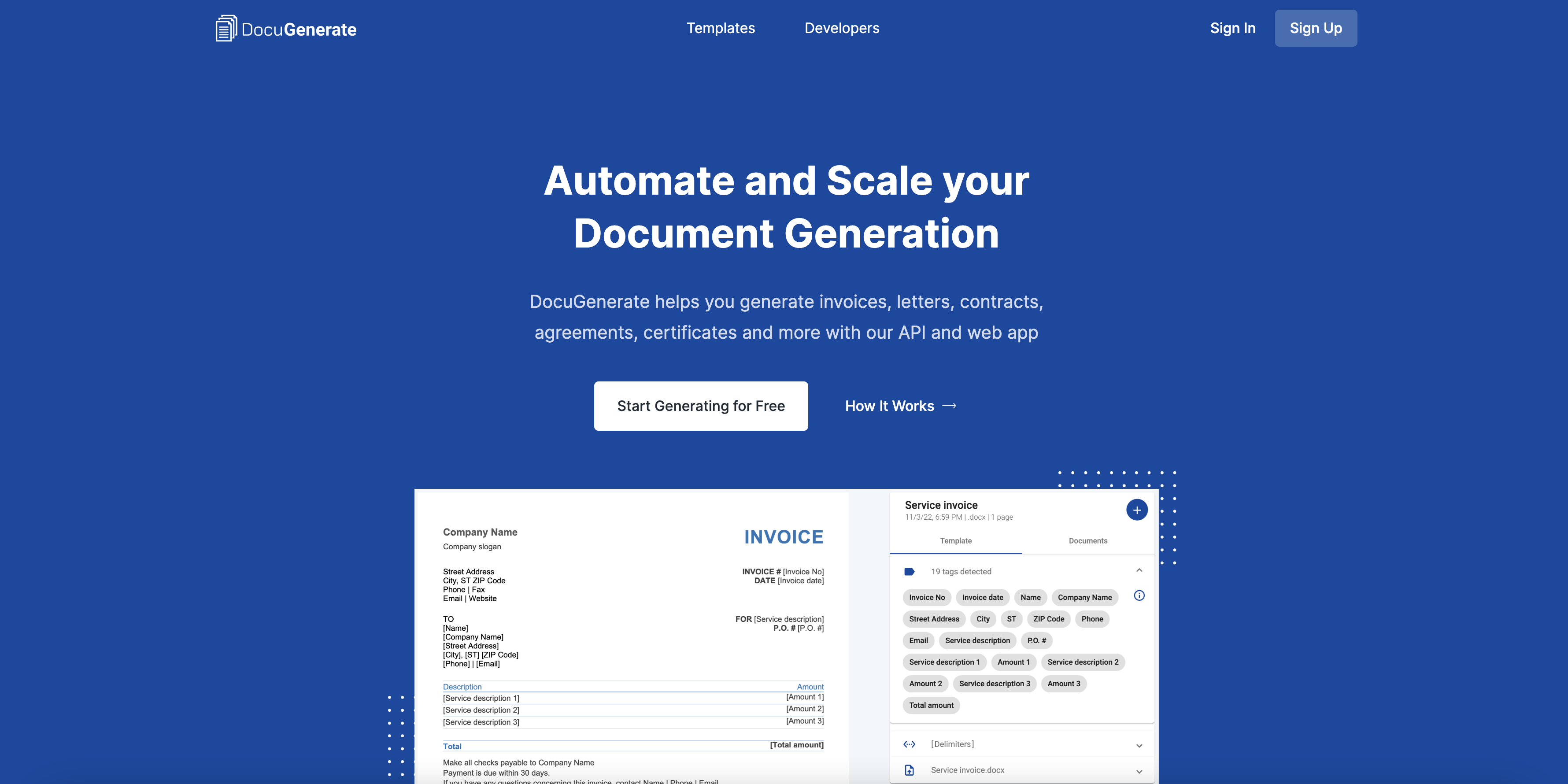 Automate and Scale your Document Generation. DocuGenerate helps you generate invoices, letters, contracts, agreements, certificates and more with our API and web app.