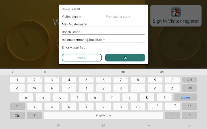 Sign In and Visitor Register screenshot: Visitor Registration
