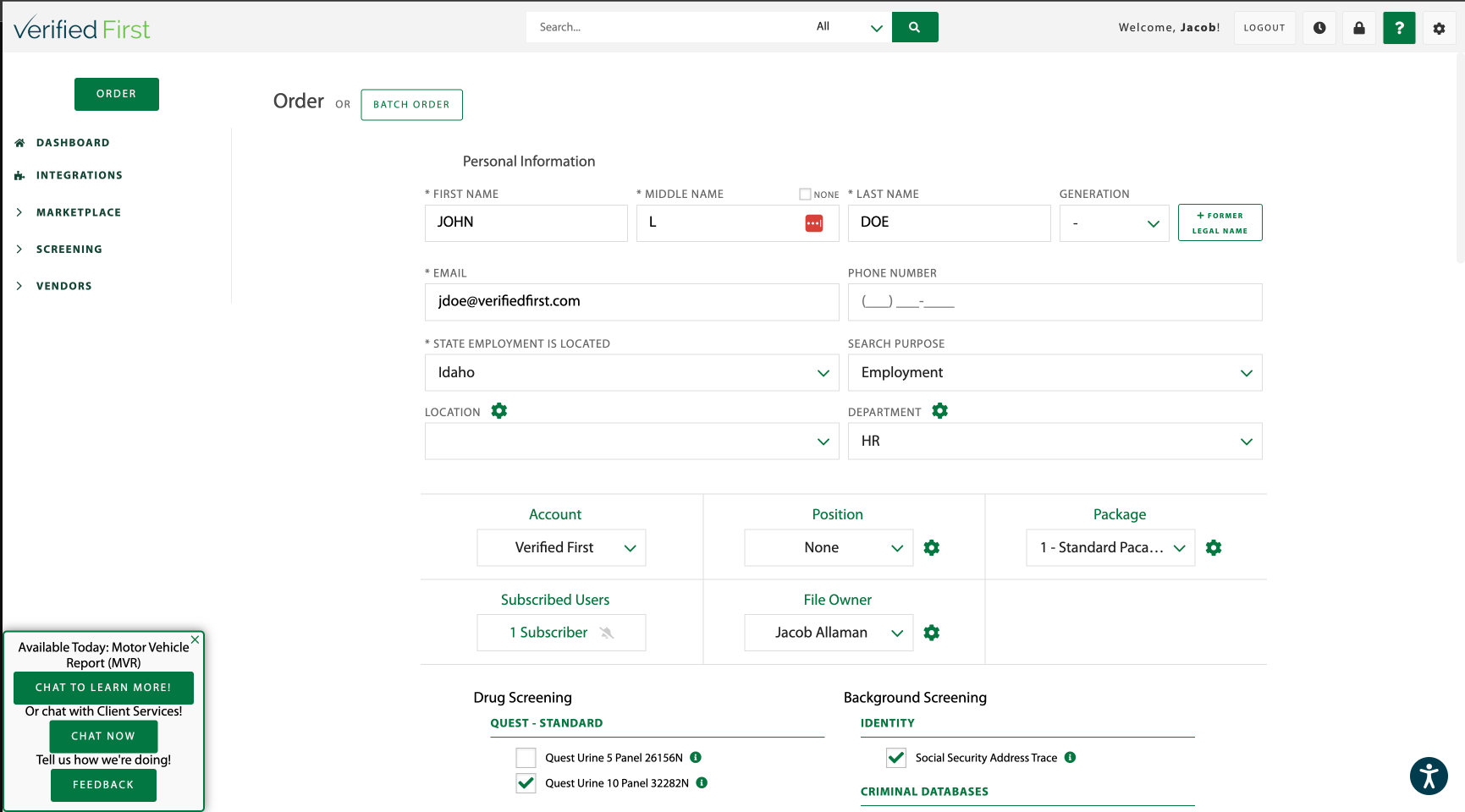 Verified First screenshot: Order Menu - Enter Data, Select Package, then Order 