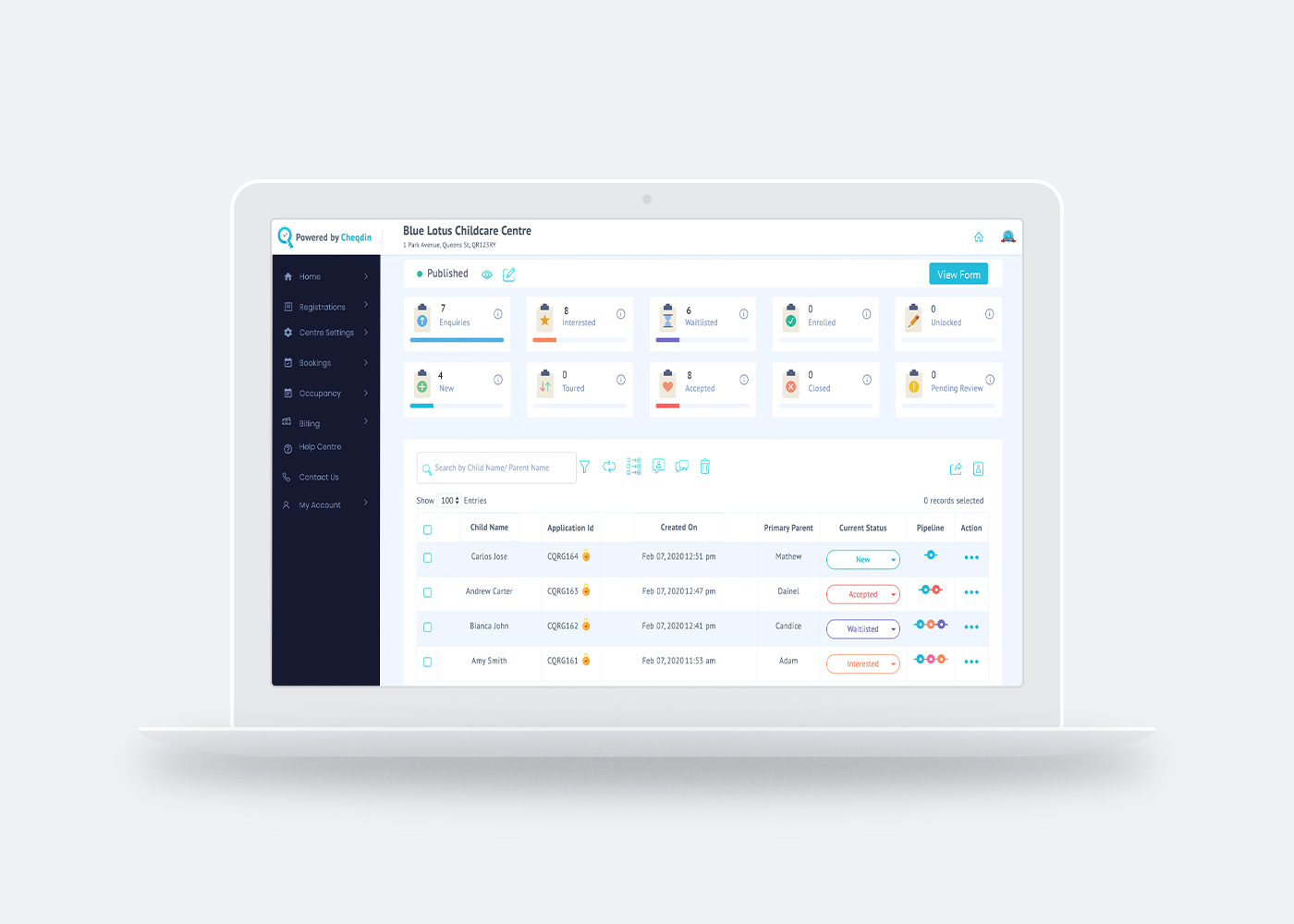 Cheqdin Software - Registrations Dashboard - Share your registrations link on social media or as a button on your website. Manage all registrations and enrollments in one place.
