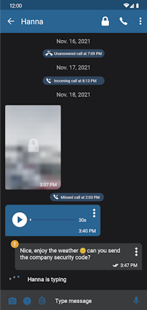 ChatMail screenshot: Encrypted calling, messages, voice, photos, notes and anonymous group chats.