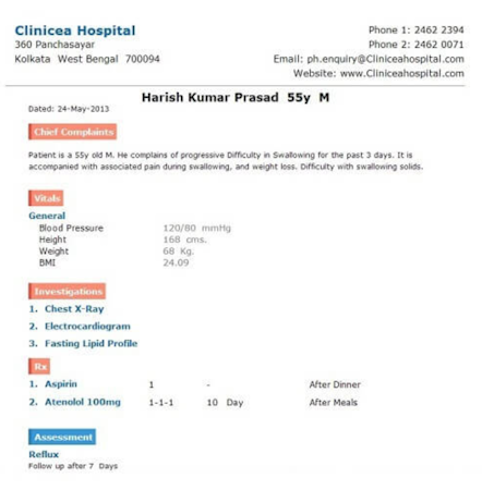 Clinicea screenshot: Users can select their preferred prescription layout and include the patient's past history as well as details of their current visit