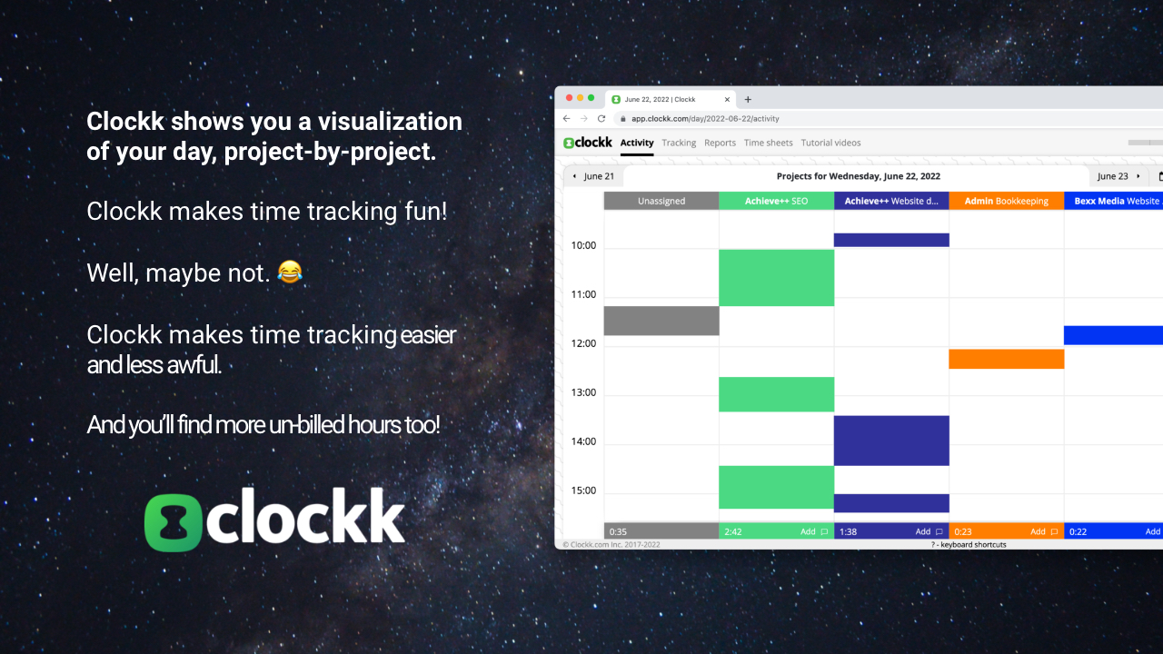 Clockk’s Activity view, showing you what projects you worked on today