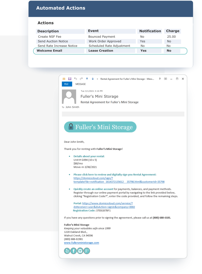 Automate common tasks like delinquency steps, auto-response emails when someone reserves or rents a unit, rate increases, work orders, and more with automated actions and templates.