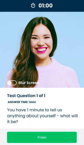 This screen shows the candidate's experience when doing their one-way video interview. Various features are available: time limit per question, blur screen, ability to skip to next question, etc