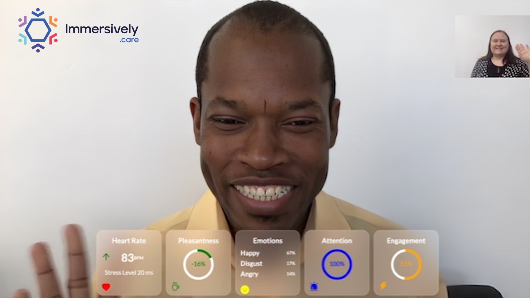 Immersively Care screenshot: Read emotions and attention of participants during a video call using the camera and a web browser only. We bring behavioral analysis to virtual meetings and we enable safe conversations that build connection, understanding, and impact.