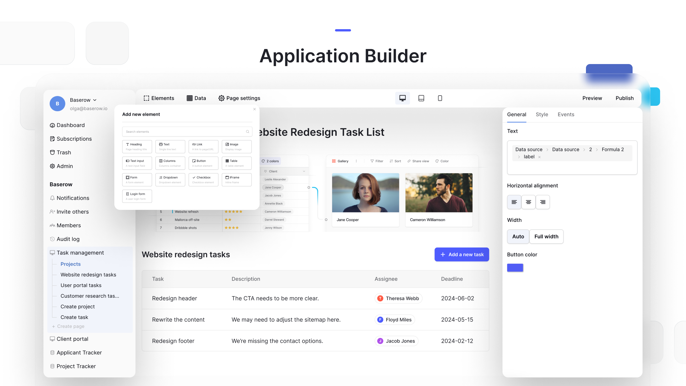 Baserow Application Builder allows you to create web applications without writing a single line of code. Use pre-built components, leverage templates, and design to your imagination's limit. Use your Baserow Database or connect external sources instantly.