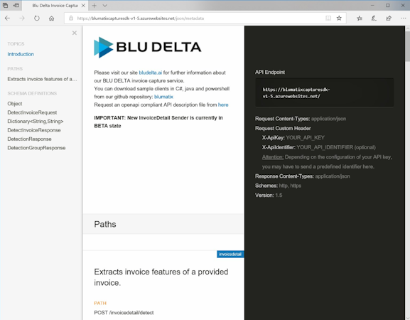 BLU DELTA screenshot: BLU DELTA API endpoint