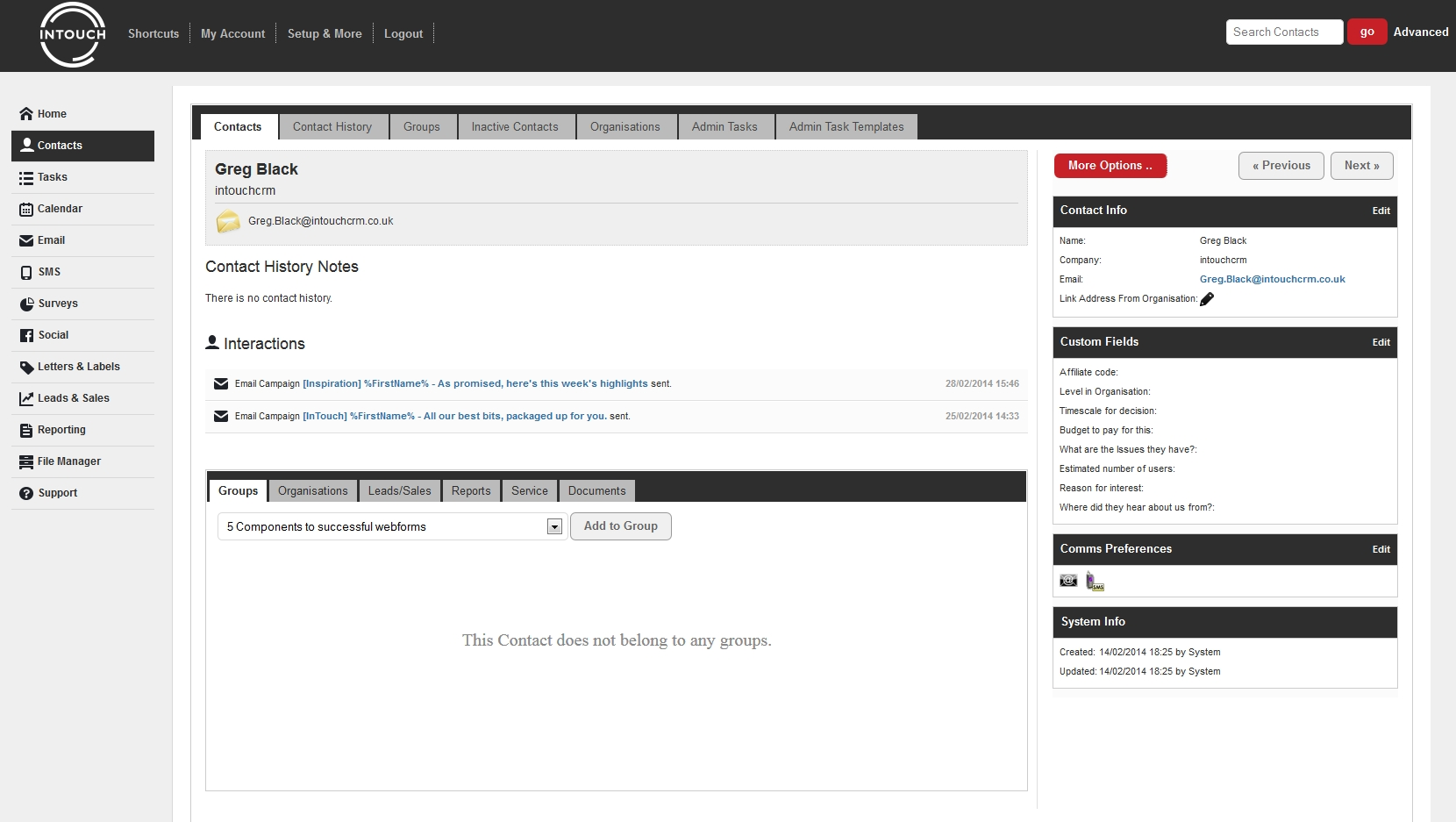 InTouch CRM screenshot: A contact record - see history, leads, add to groups, send email, add tasks & more