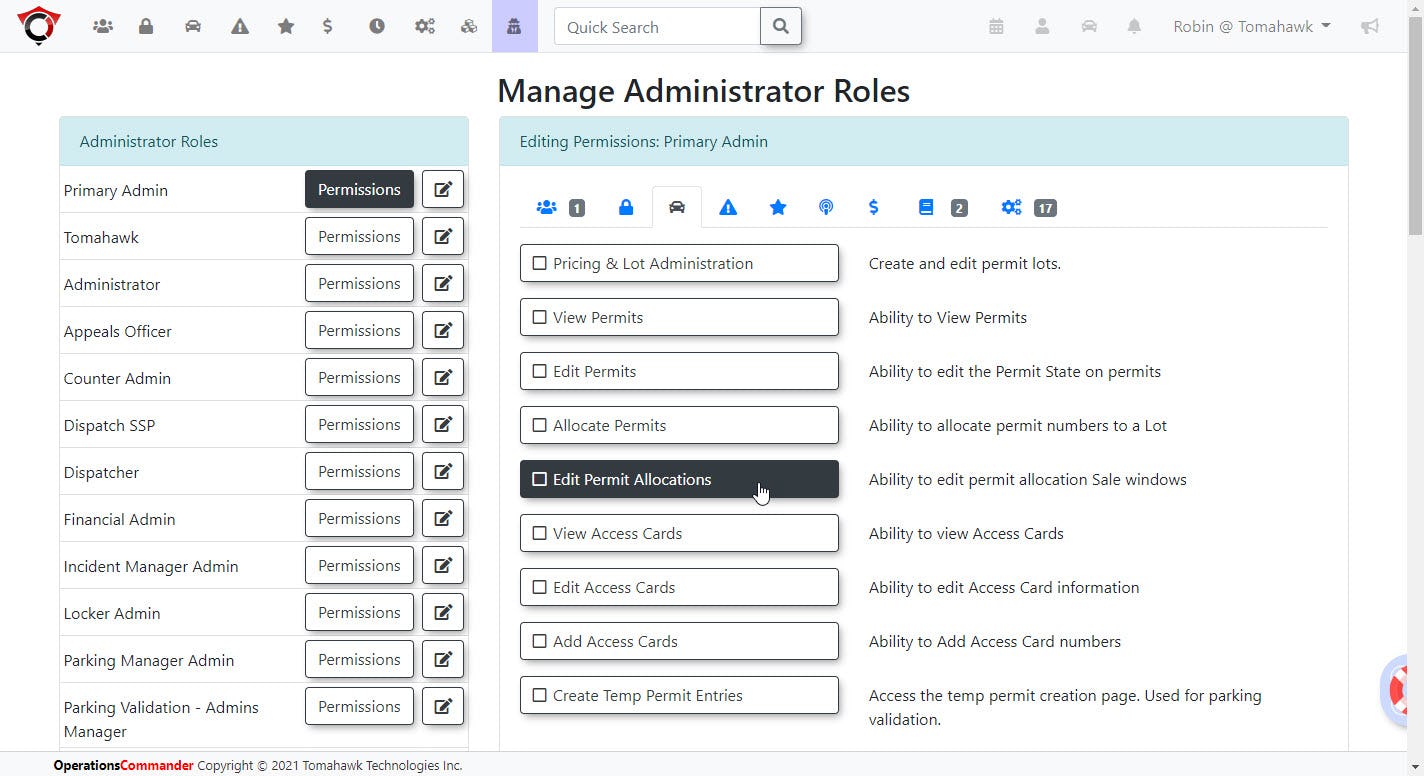 OperationsCommander Software - Admin portal - role based permissions