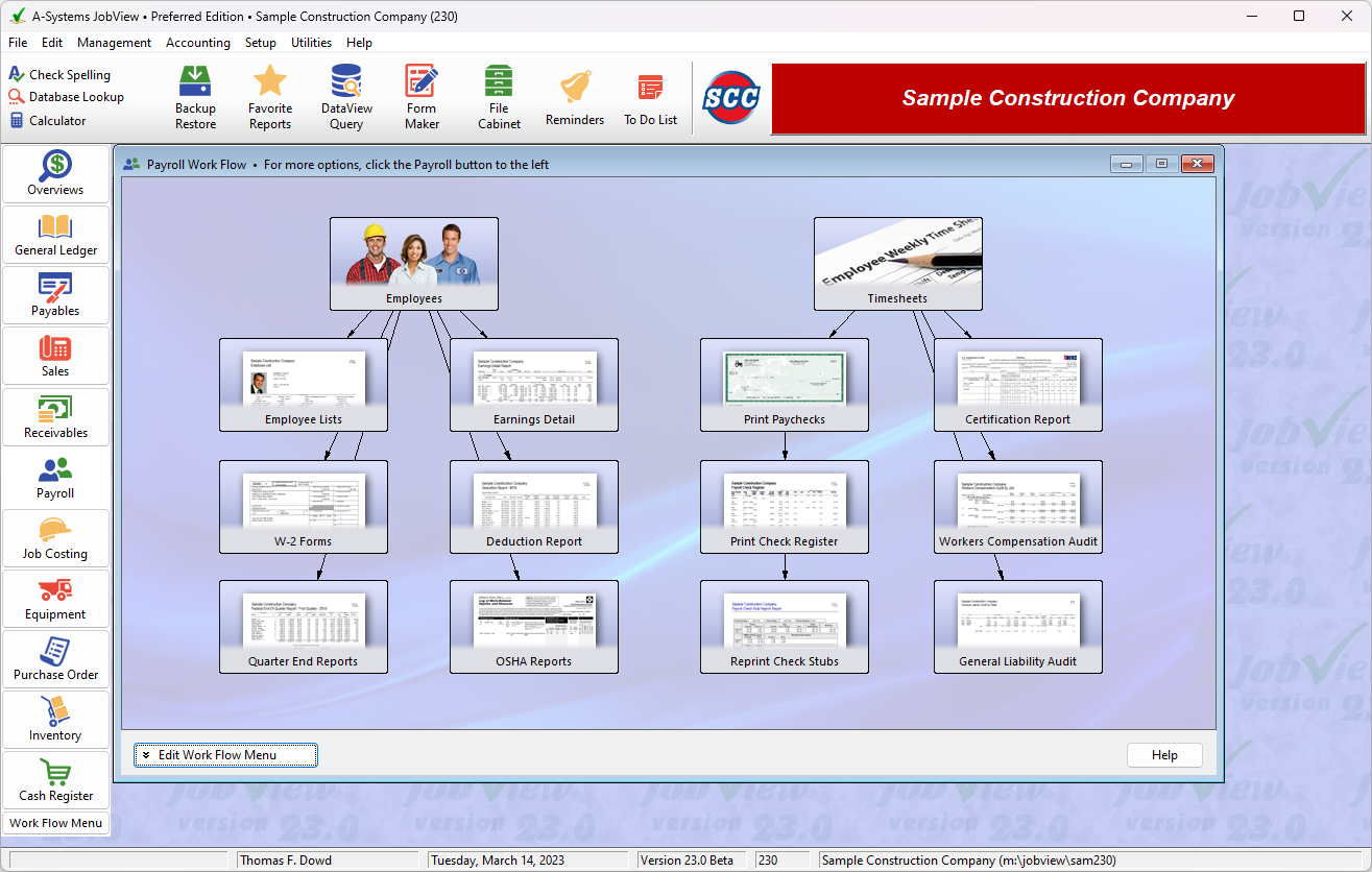 A-Systems JobView screenshot: Main Payroll Menu showing some of the available payroll processes