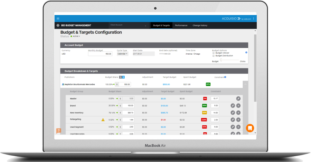 Acquisio Software - With bid and Budget Management you can set more accurate bids and deliver more clicks at a lower cost per clicks, using our high frequency optimization.