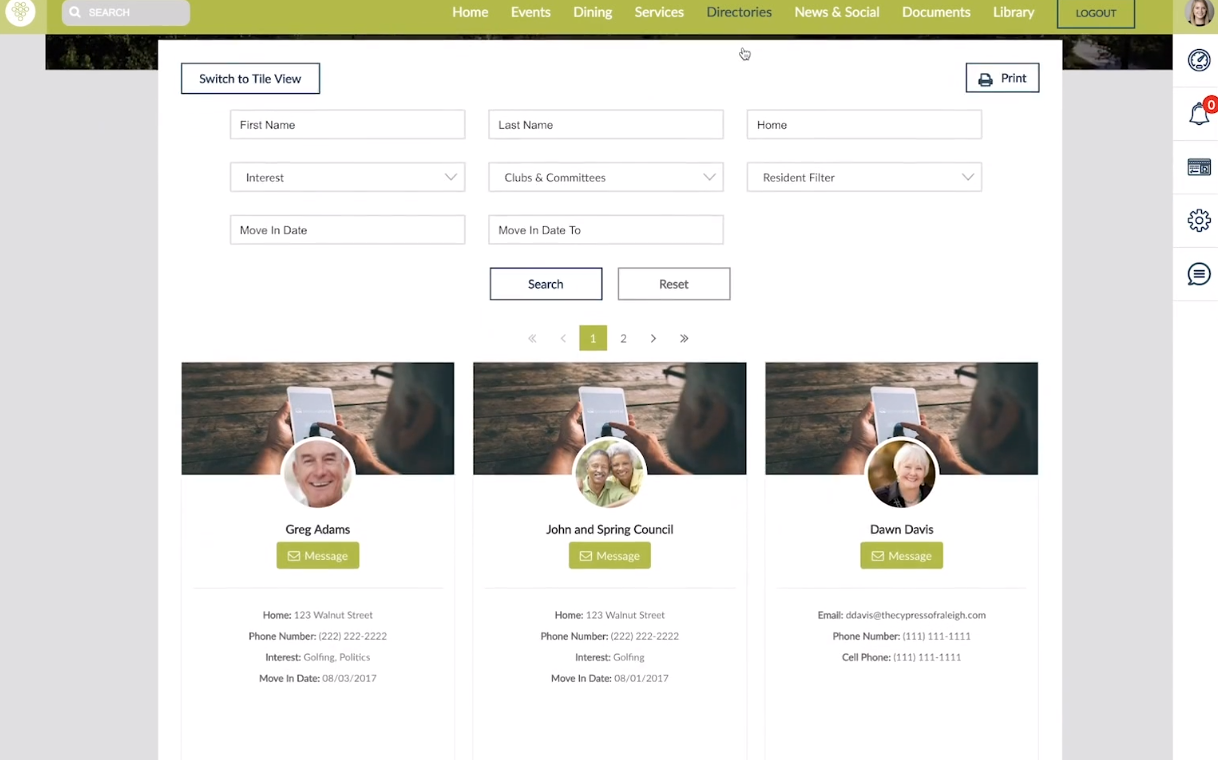 Viibrant screenshot: Viibrant resident directory