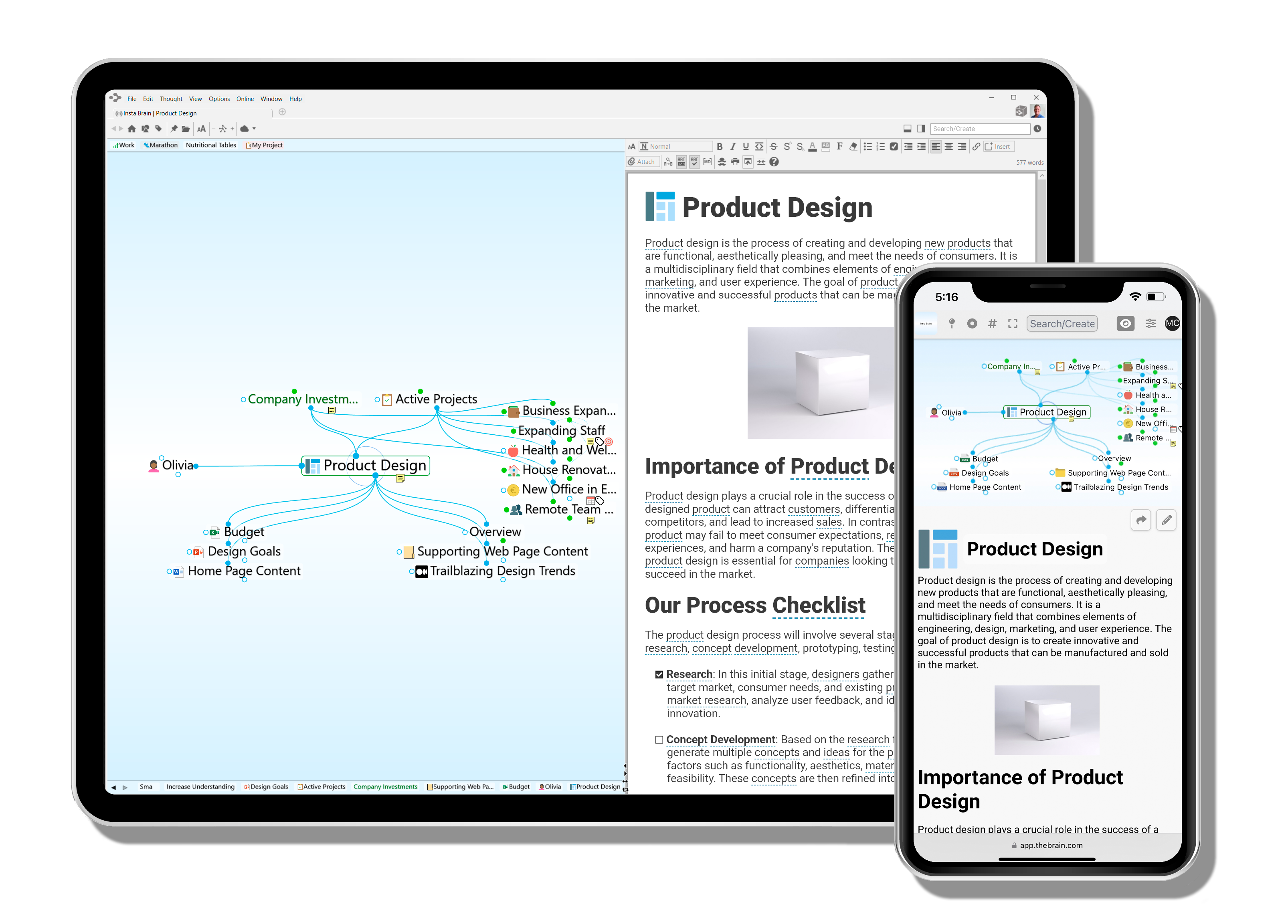 TheBrain screenshot: Your digital brain works across multiple platforms and computers and can be synchronized across multiple machines. Access your brain from TheBrain desktop software, a Web browser, or even your mobile device.