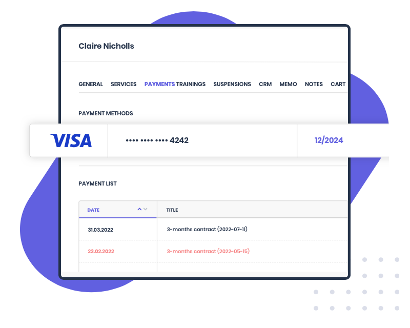 Money is important. That is why we have created a fully automated, easy-to-use system for collecting recursive payments from your clients' credit cards, based on a defined frequency of visits.