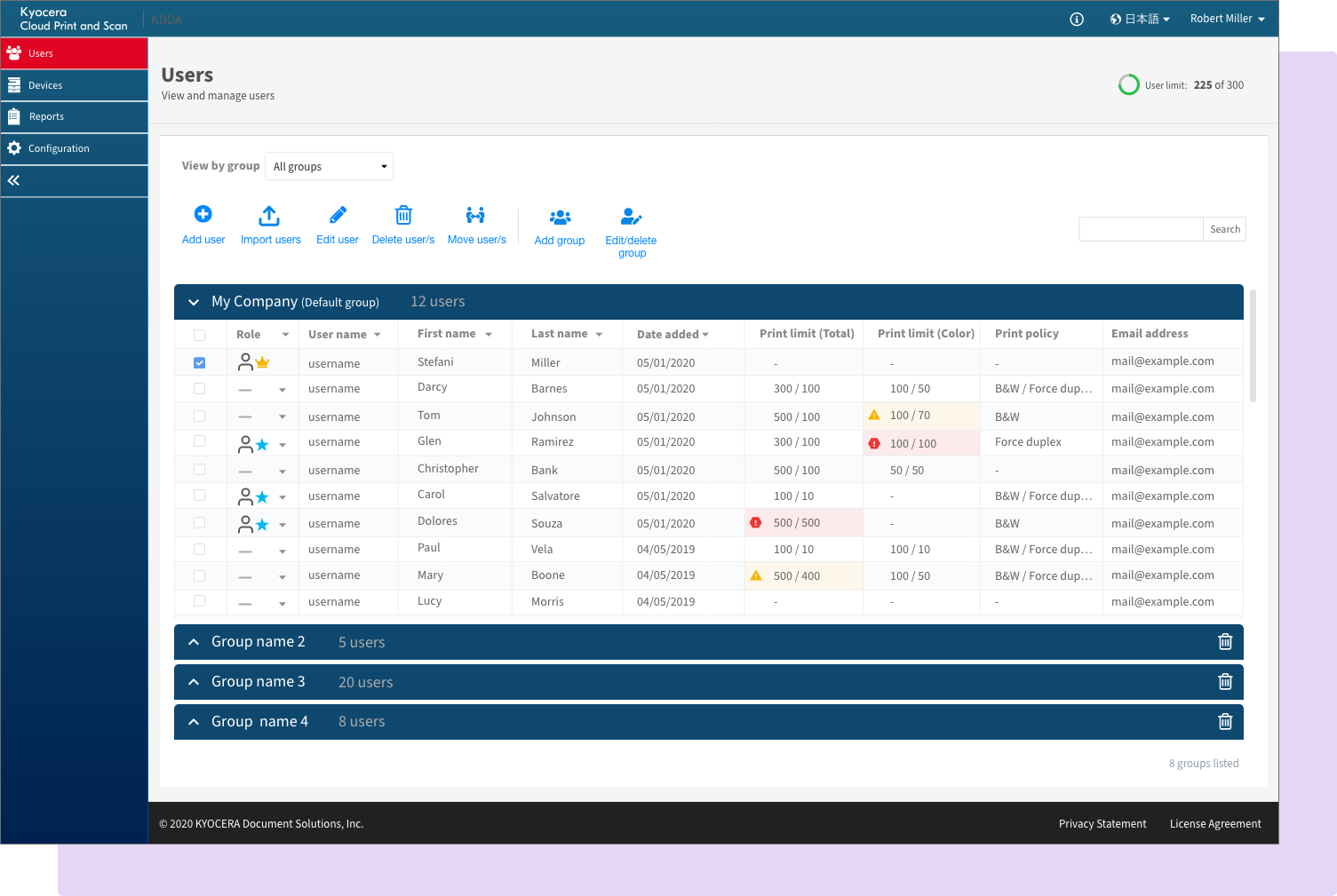 Kyocera Cloud Print and Scan screenshot: Kyocera Cloud Print and Scan manage users