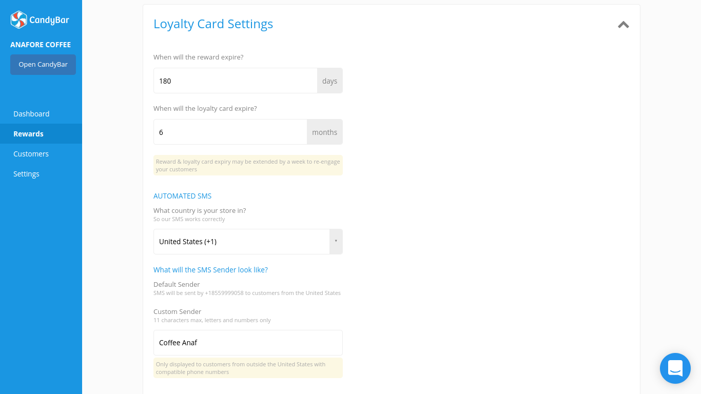 Loyalty card settings
