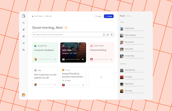 Qatalog screenshot: Your personal home inside the work hub. Pin important items across your projects, teams and tools like Google Calendar, and easily track them in one place. There's also a real-time feed of important activity across your projects, teams, and tools.