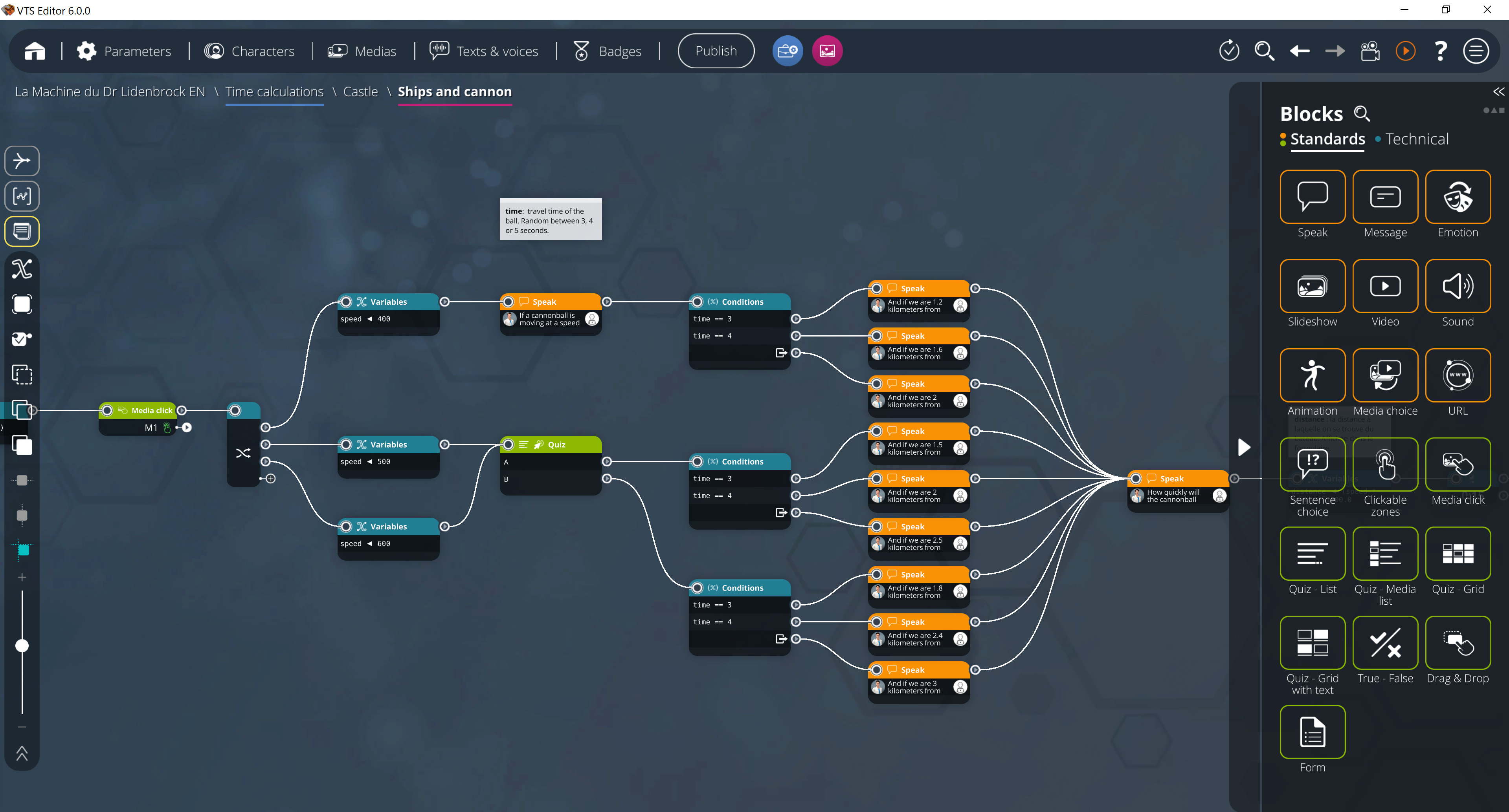 VTS Editor screenshot: Interactive blocks using AI, to easily design scenarios using drag & drop