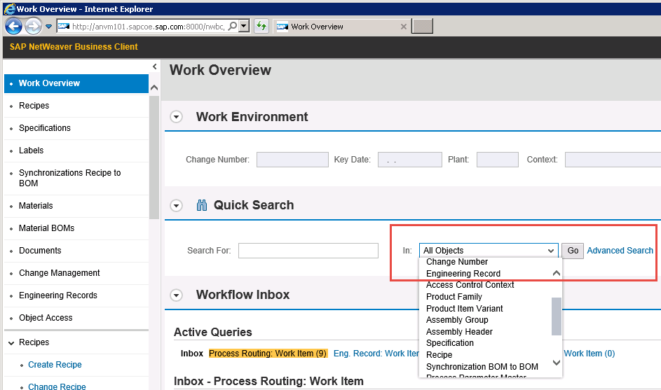 SAP Product Lifecycle Management screenshot: SAP PLM work overview