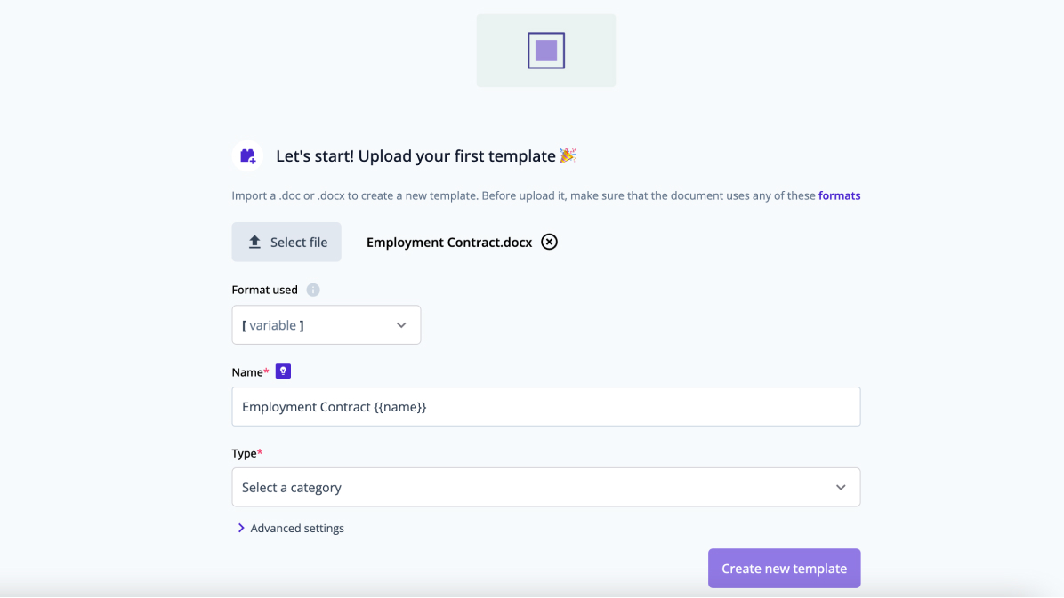 Bounsel Flow screenshot: Upload a template