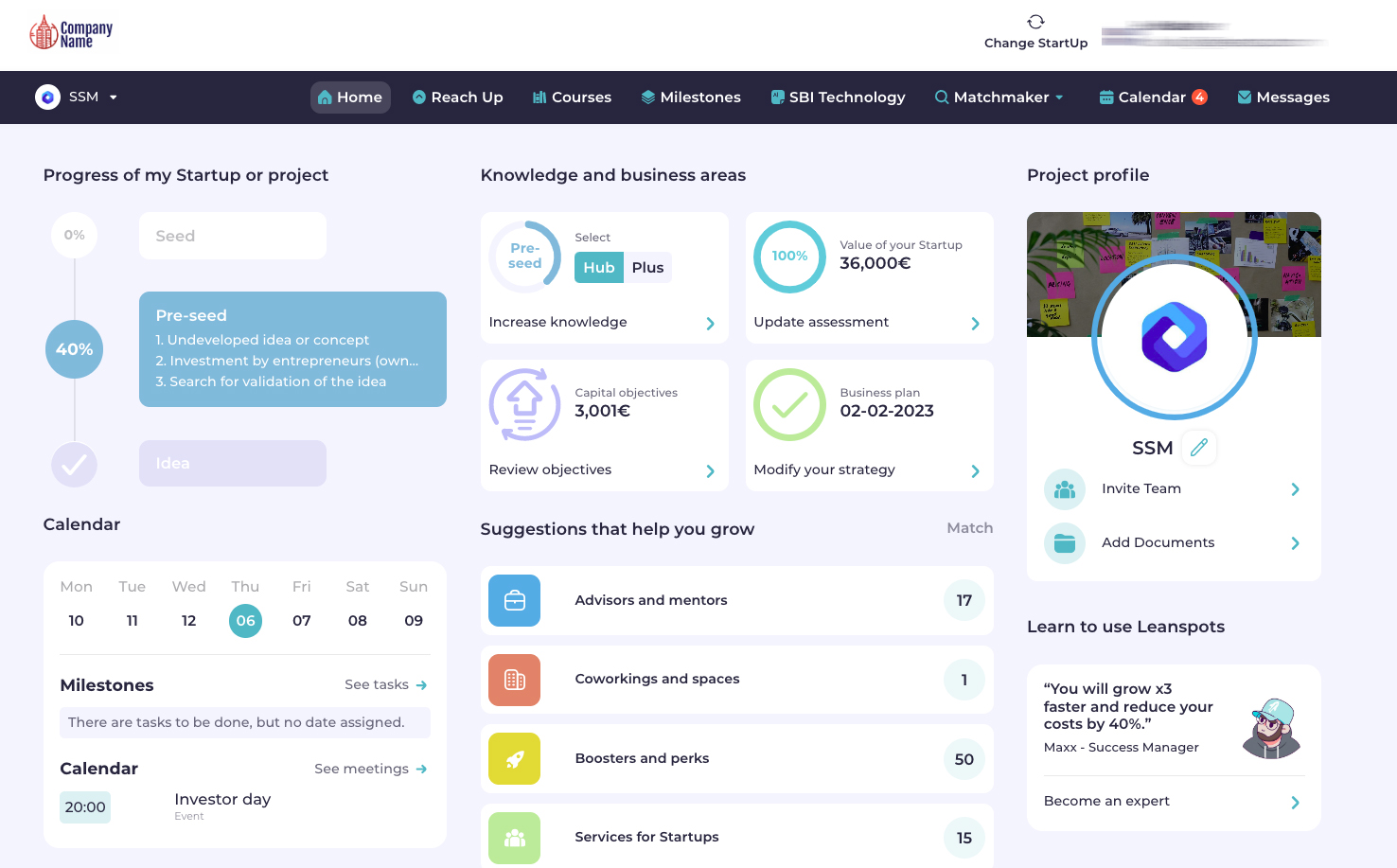 Leanspots screenshot: Dashboard StartUps