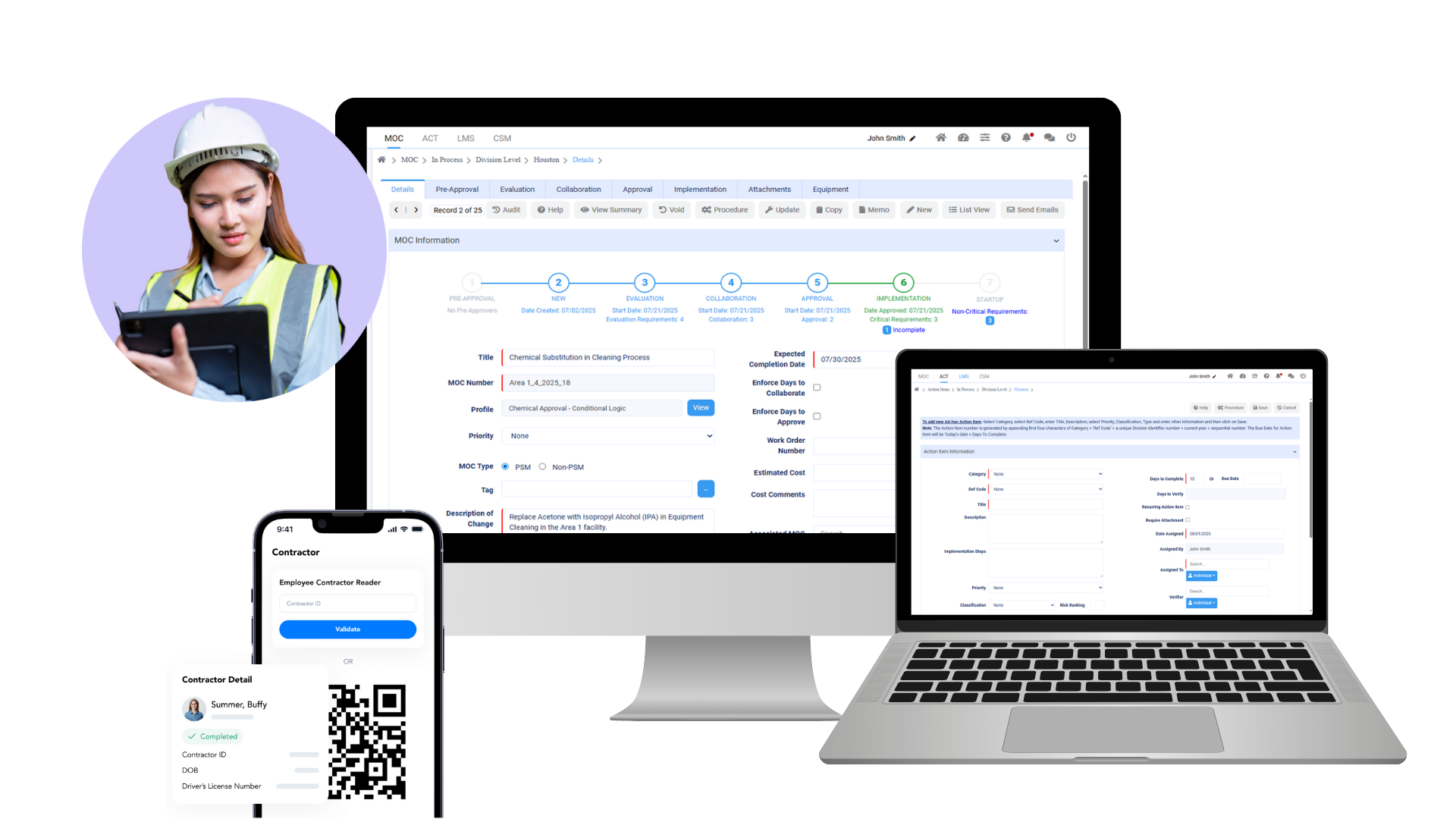 Frontline Data Solutions screenshot: Screenshots of EHS software from Frontline Data Solutions on desktop and mobile devices. Teams can manage operational changes, incidents, training, onboarding, and contractor verification with these configurable and user-friendly software tools. 