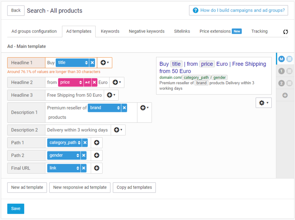 Use values from your data feed to create campaigns, ad groups, ads, keywords and ad extensions. These will be automated (paused and activated) according to your inventory and the filters you set.