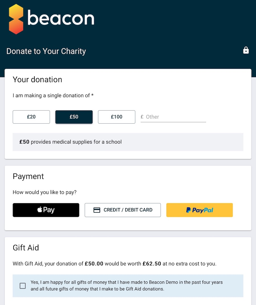 Beacon screenshot: Beacon donation page