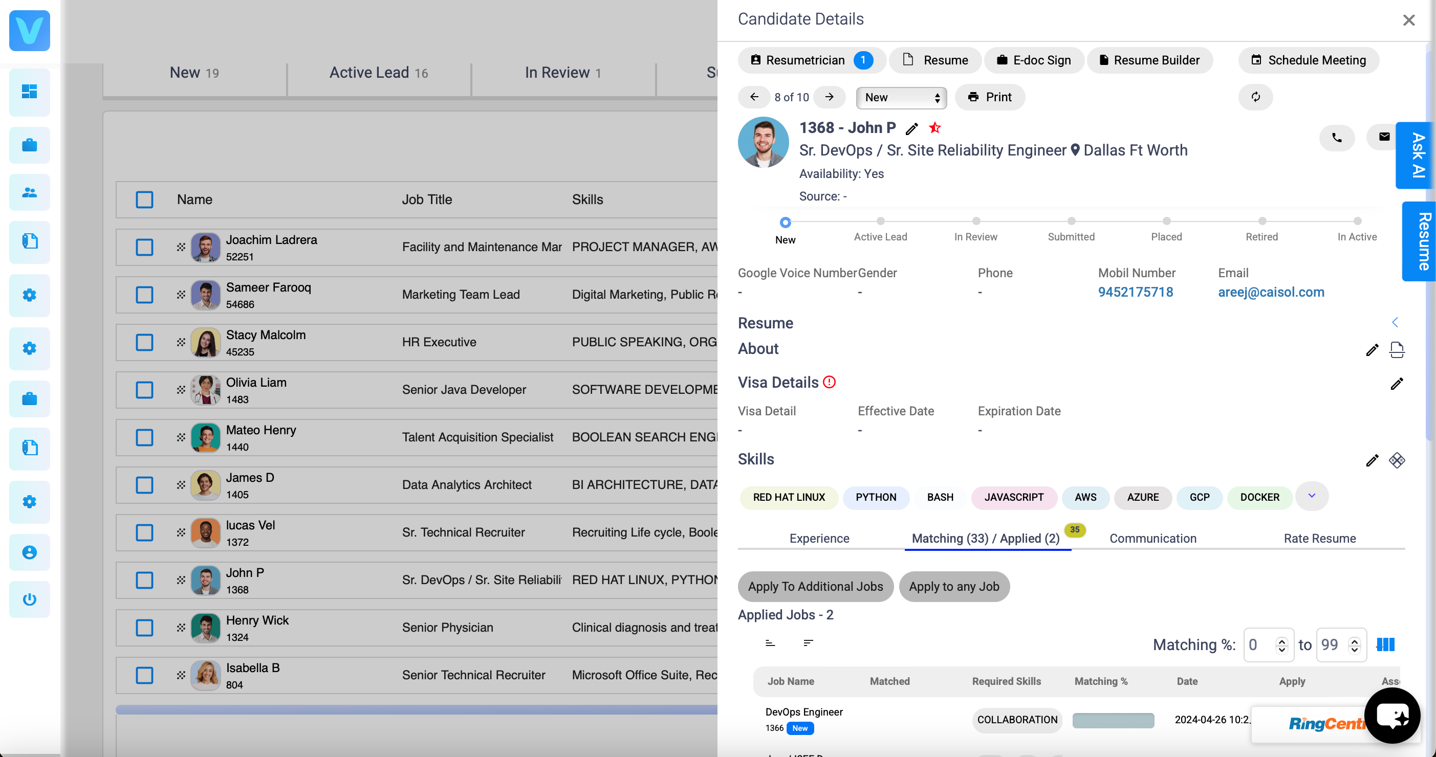 Vantage360 screenshot: Vantage360 candidate profile view